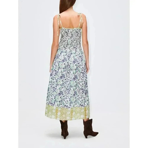 ALIX OF BOHEMIA, NWT Luna Jardin Dress Sz L, Blue White Smocked Handprinted Midi - Picture 4 of 14